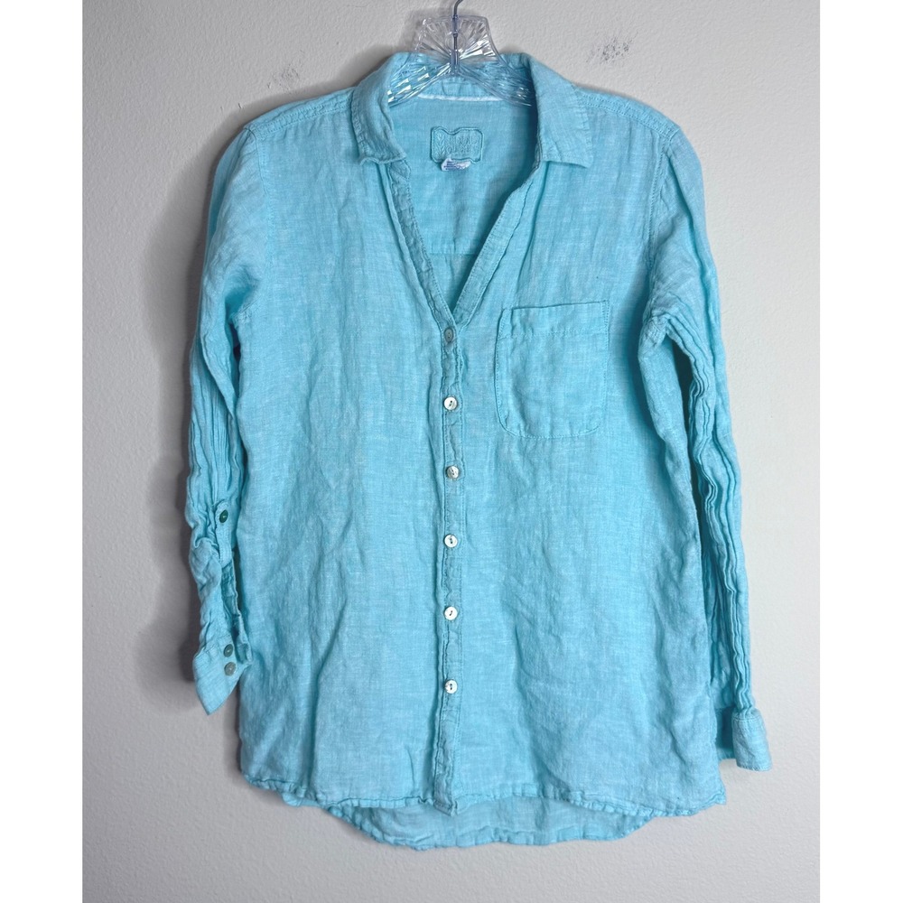 Sigrid Olsen Button Down Shirt Womens S Blue 100% Linen Long Sleeve Pocket Top